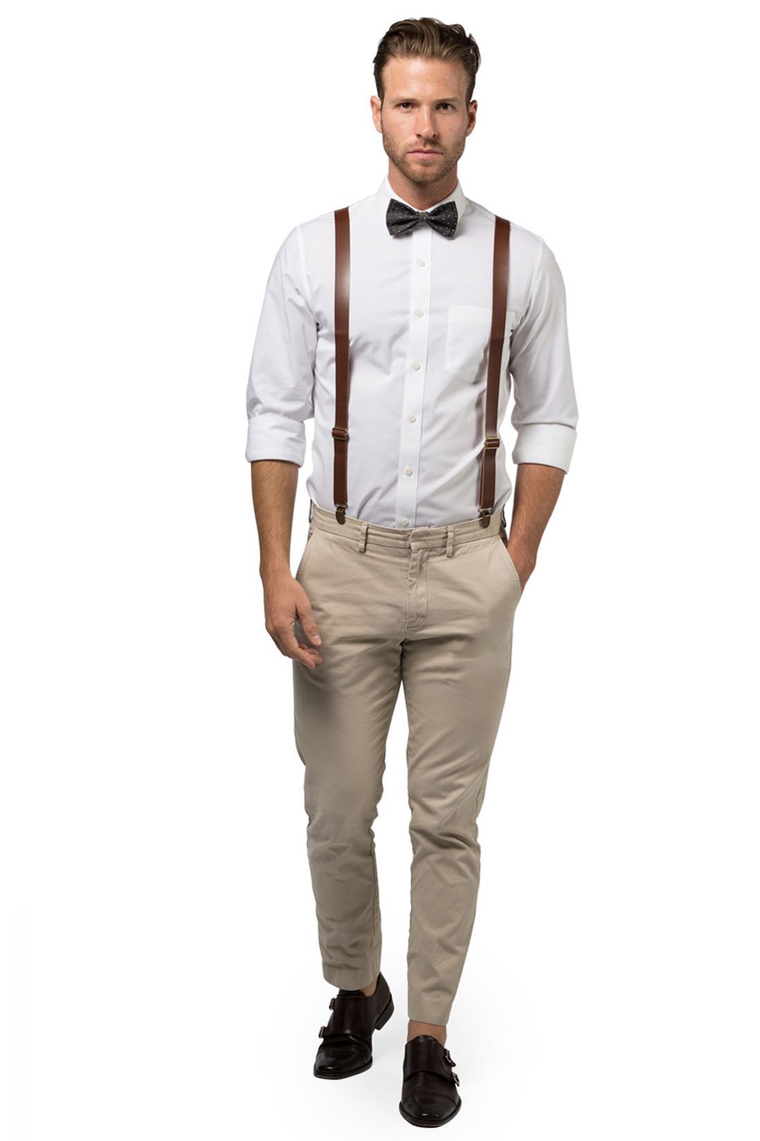 Brown Leather Suspenders & Black Polka Dot Bow Tie