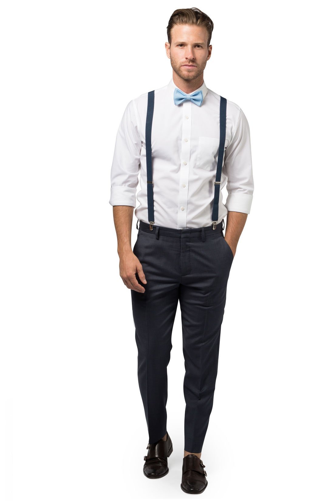 Navy Vertical Striped Dress Pants with Suspenders Outfits 5 ideas   outfits  Lookastic