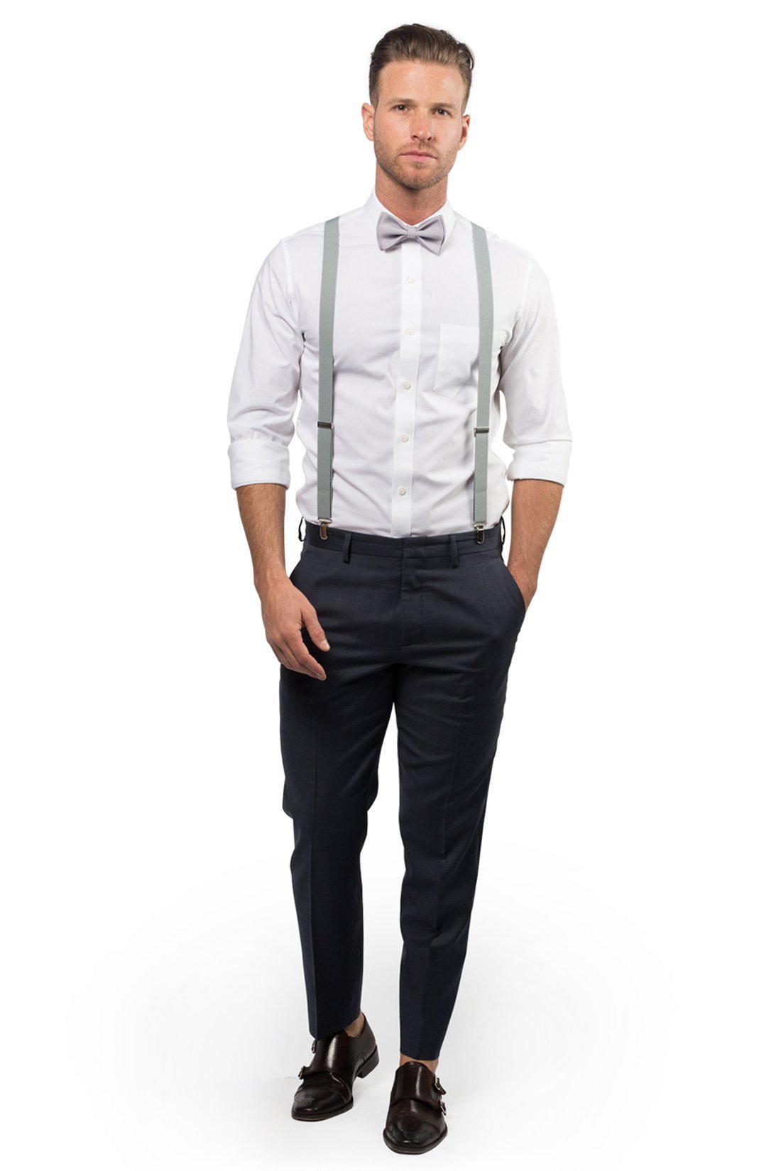 Light Gray Suspenders & Light Gray Bow Tie