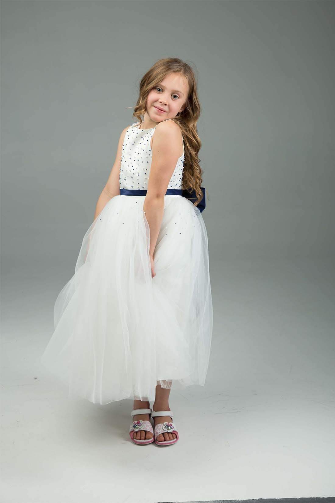 White & Navy Flower Girl Dress