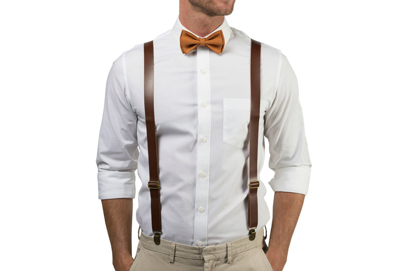 Brown Leather Suspenders & Copper Bow Tie - ARMONIIA
