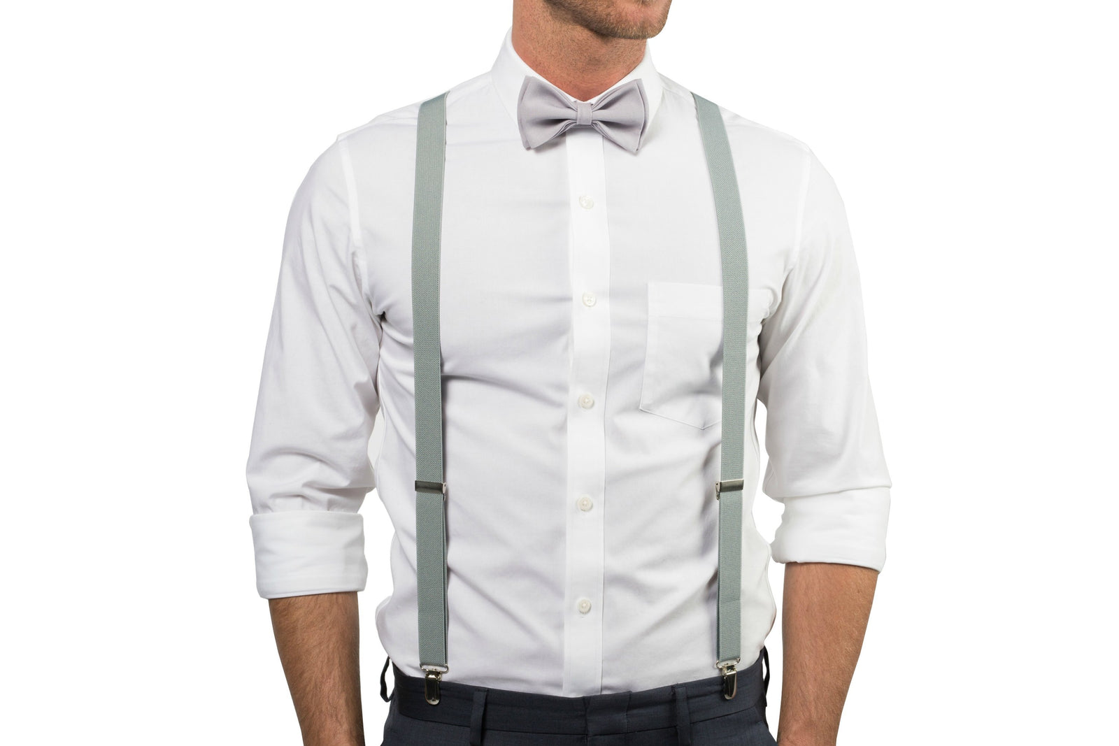 Black Suspenders & Light Gray Bow Tie