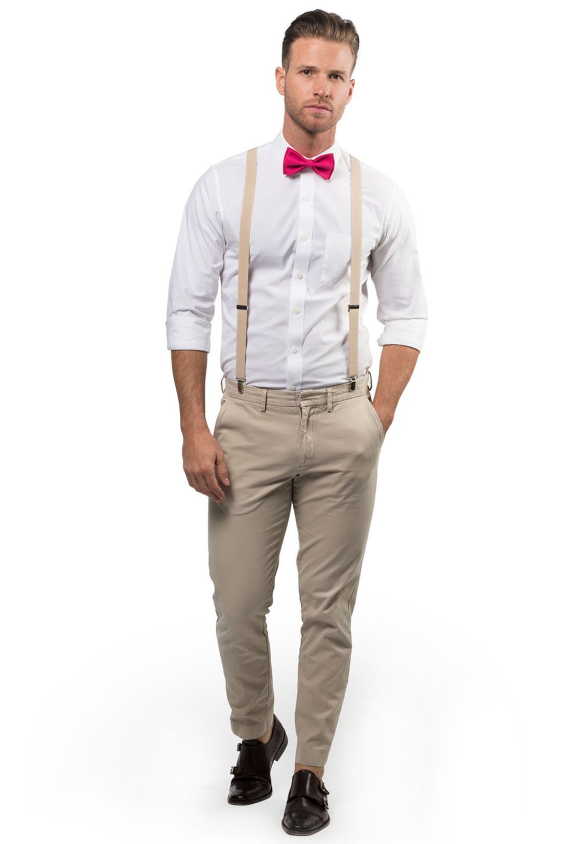 Beige Suspenders & Hot Pink Bow Tie