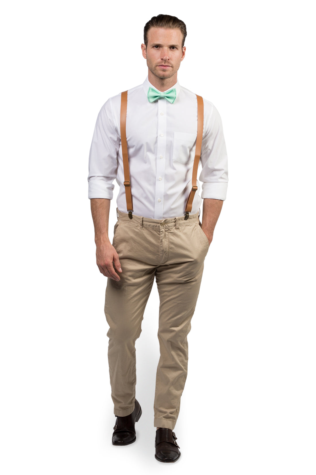 dress shirt with suspenders Tan Beige Leather Suspenders & Mint Bow Tie for Men's Wedding Outfit