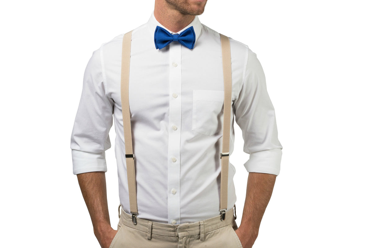 Beige Suspenders &amp; Royal Blue Bow Tie