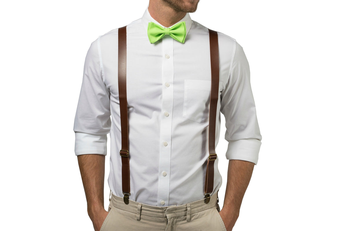 Brown Leather Suspenders &amp; Lime Bow Tie