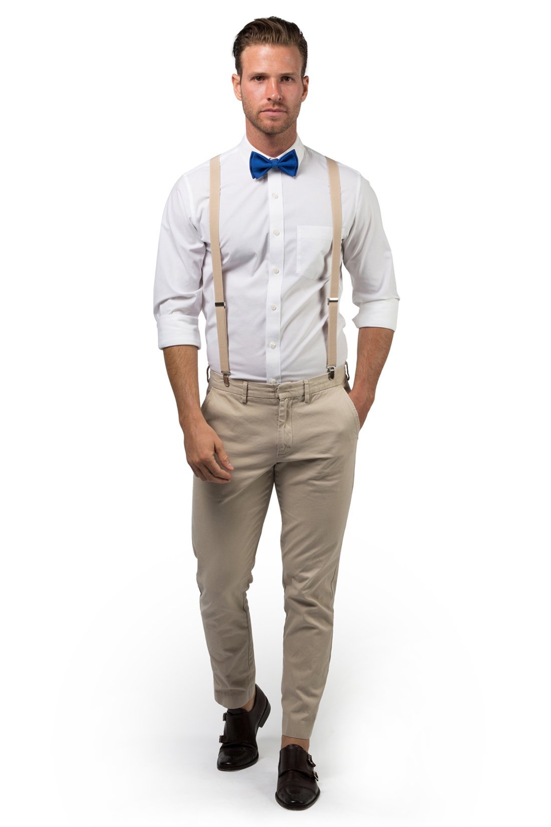 Beige Suspenders &amp; Royal Blue Bow Tie