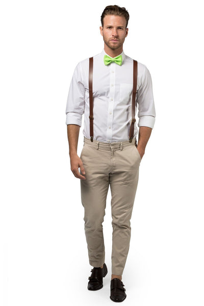 Brown Leather Suspenders & Lime Bow Tie