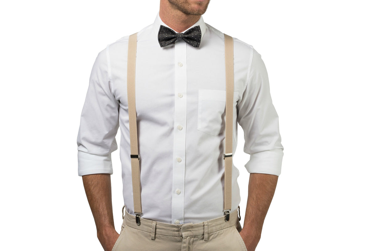 Beige Suspenders &amp; Black Polka Dot Bow Tie