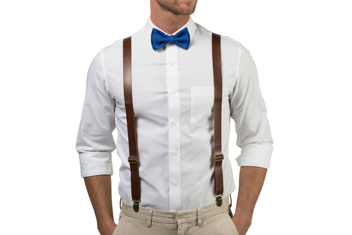 Brown Leather Suspenders &amp; Royal Blue Bow Tie