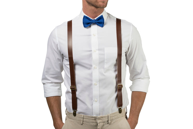 Brown Leather Suspenders & Royal Blue Bow Tie