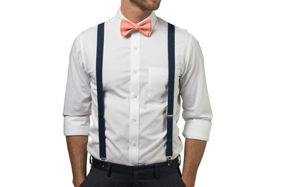 Navy Suspenders & Peach Coral Bow Tie