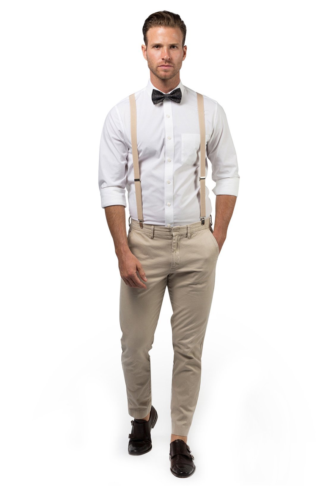 Beige Suspenders & Black Polka Dot Bow Tie