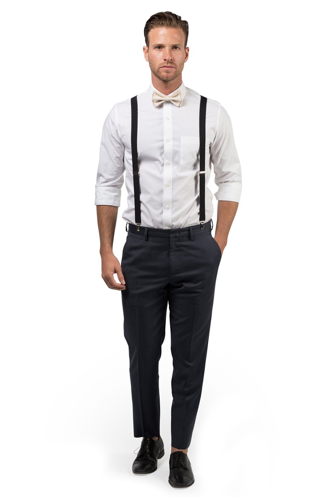 Black Suspenders &amp; Cream Bow Tie