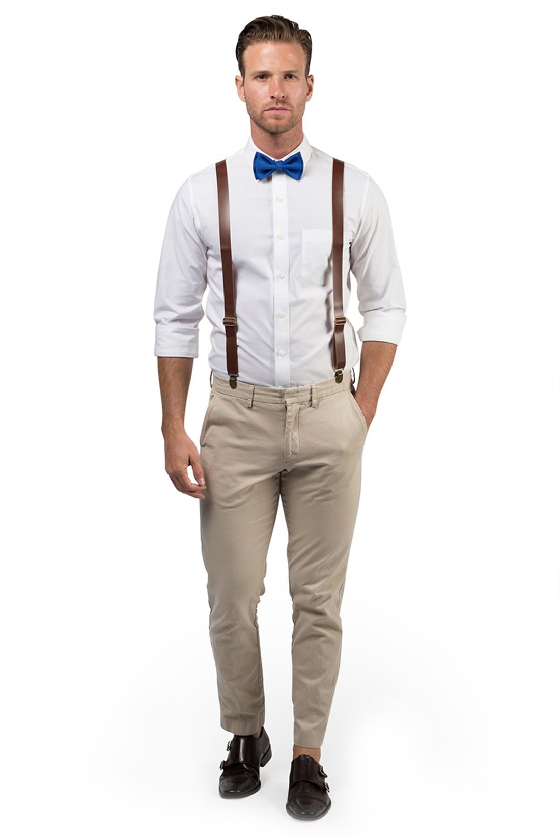 Brown Leather Suspenders & Royal Blue Bow Tie - Baby to Adult Sizes–  Armoniia