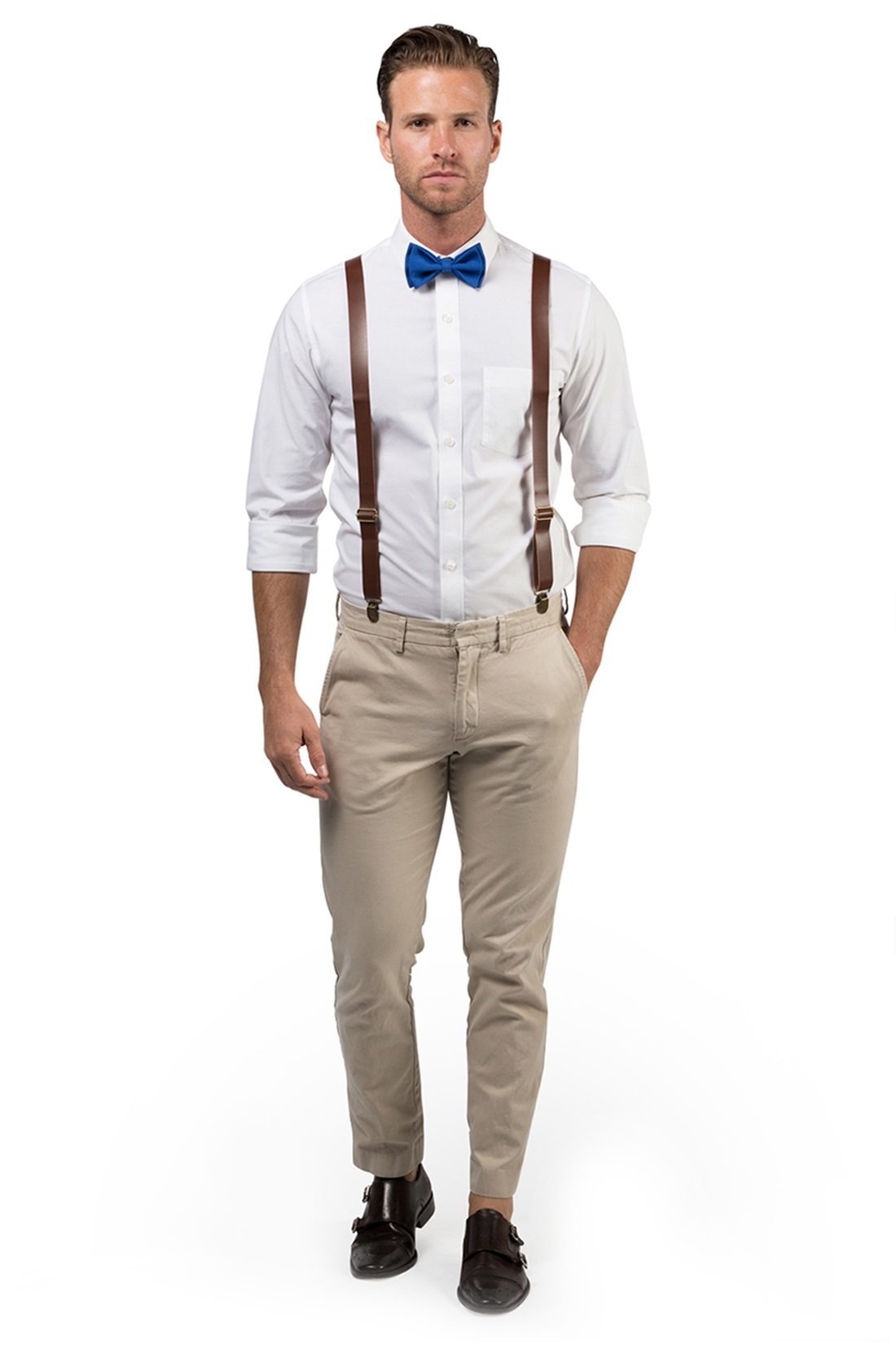 Brown Leather Suspenders &amp; Royal Blue Bow Tie