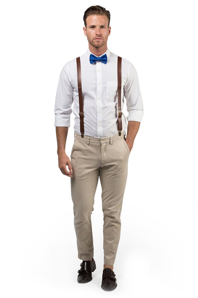 Brown Leather Suspenders & Royal Blue Bow Tie