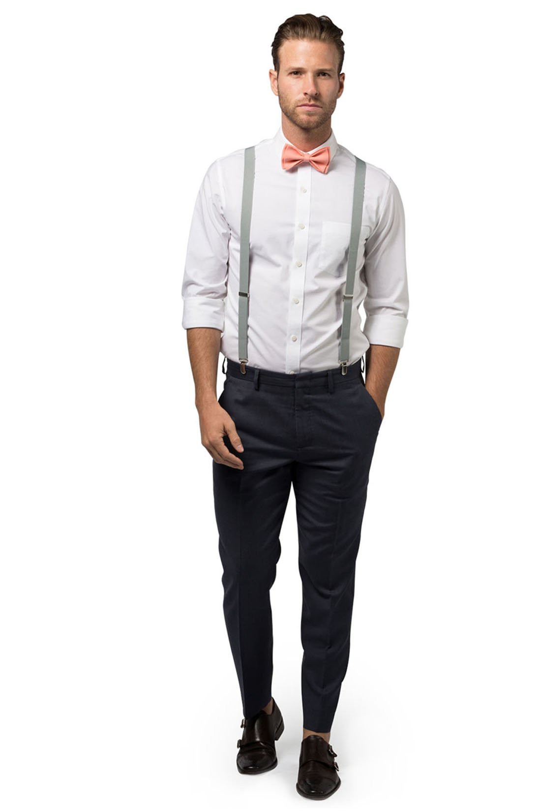 Light Gray Suspenders & Peach Coral Bow Tie