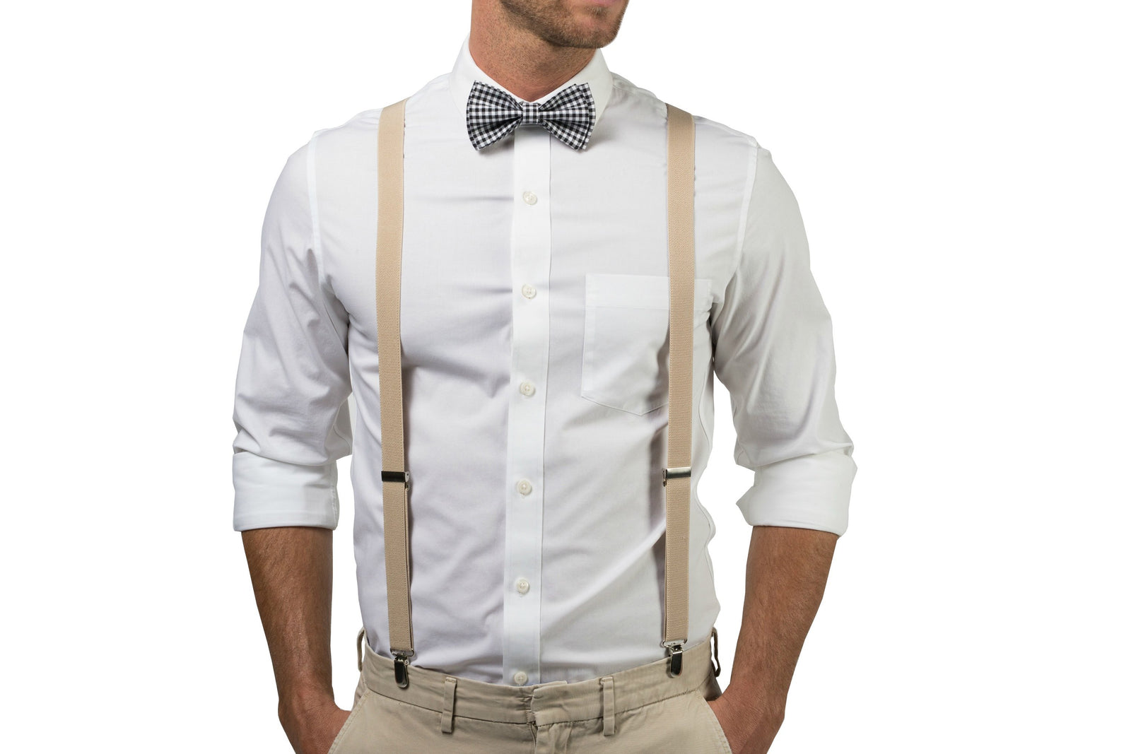 Beige Suspenders & Gingham Black Bow Tie