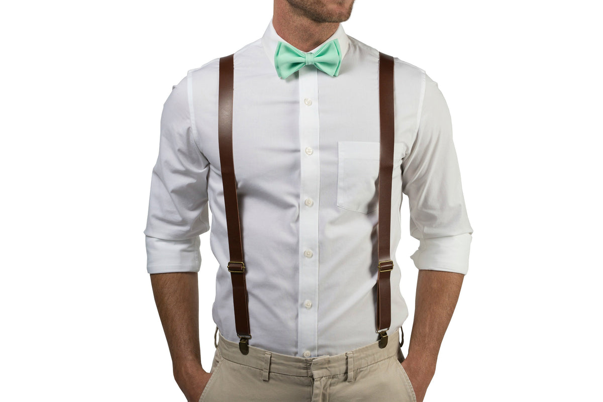 Brown Leather Suspenders &amp; Mint Bow Tie