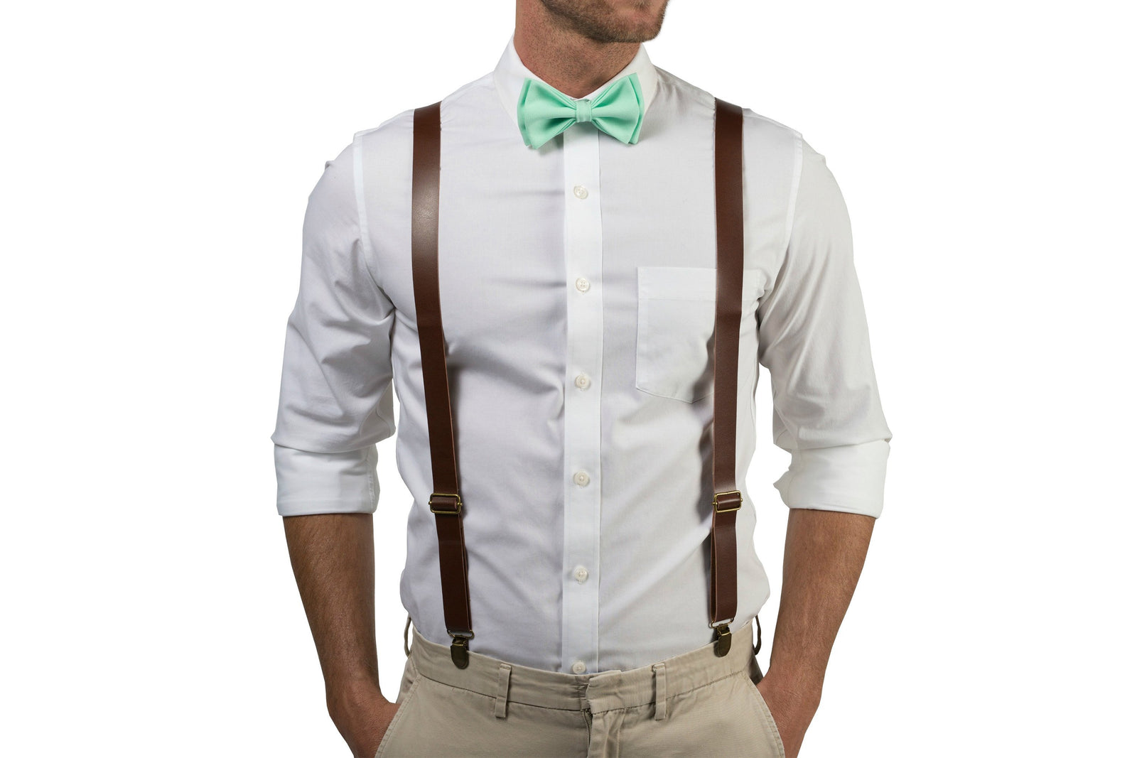 Brown Leather Suspenders & Mint Bow Tie