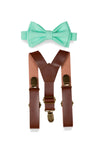 Brown Leather Suspenders & Mint Bow Tie for Kids