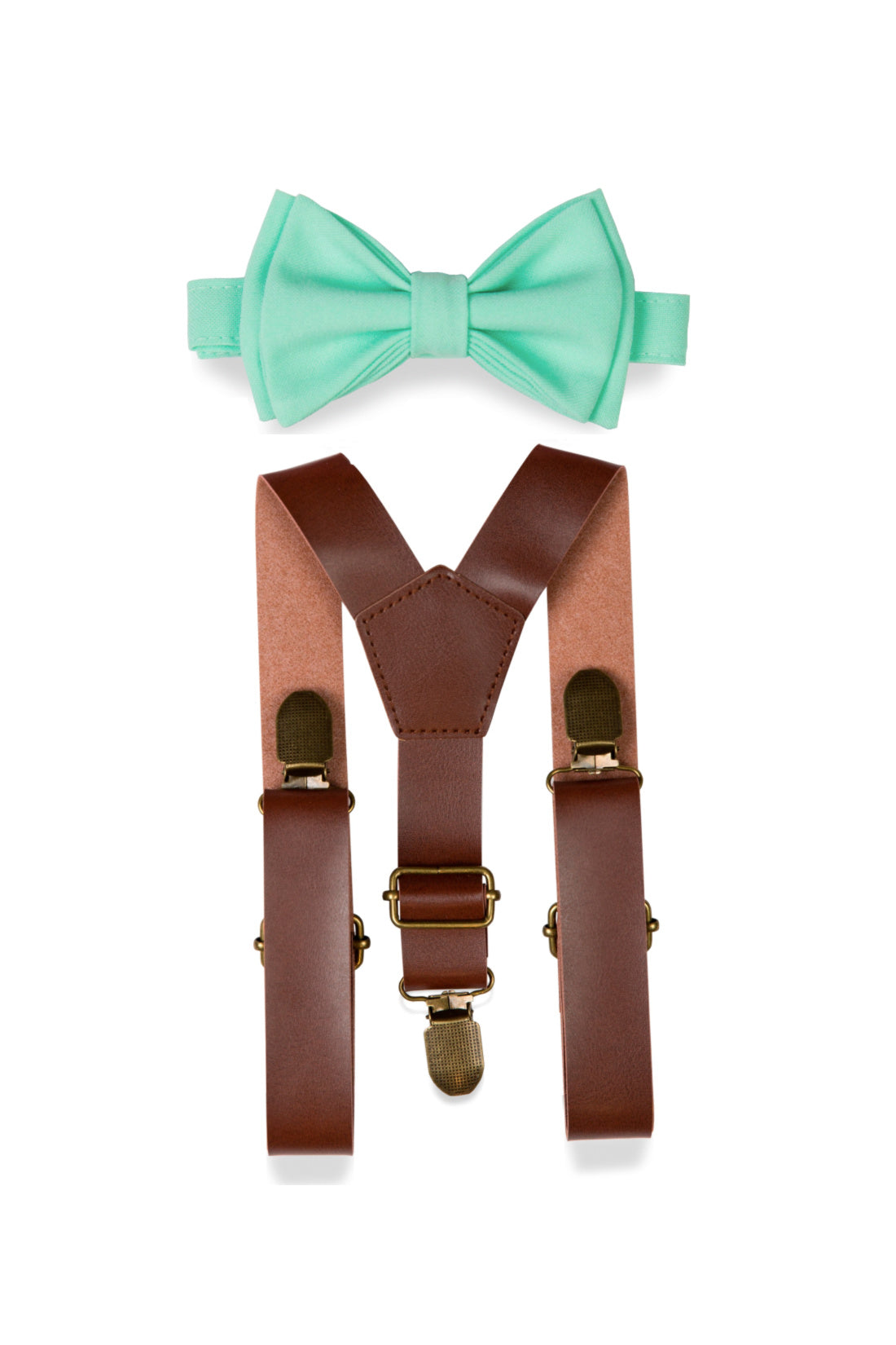 Brown Leather Suspenders &amp; Mint Bow Tie for Kids