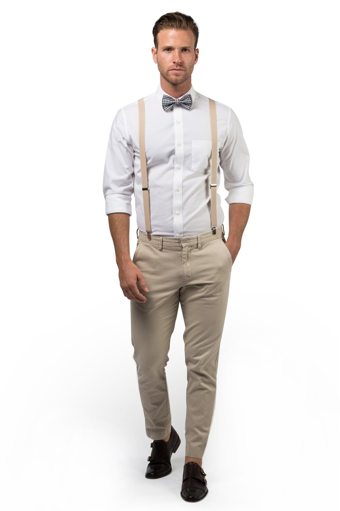 Beige Suspenders &amp; Gingham Black Bow Tie - ARMONIIA
