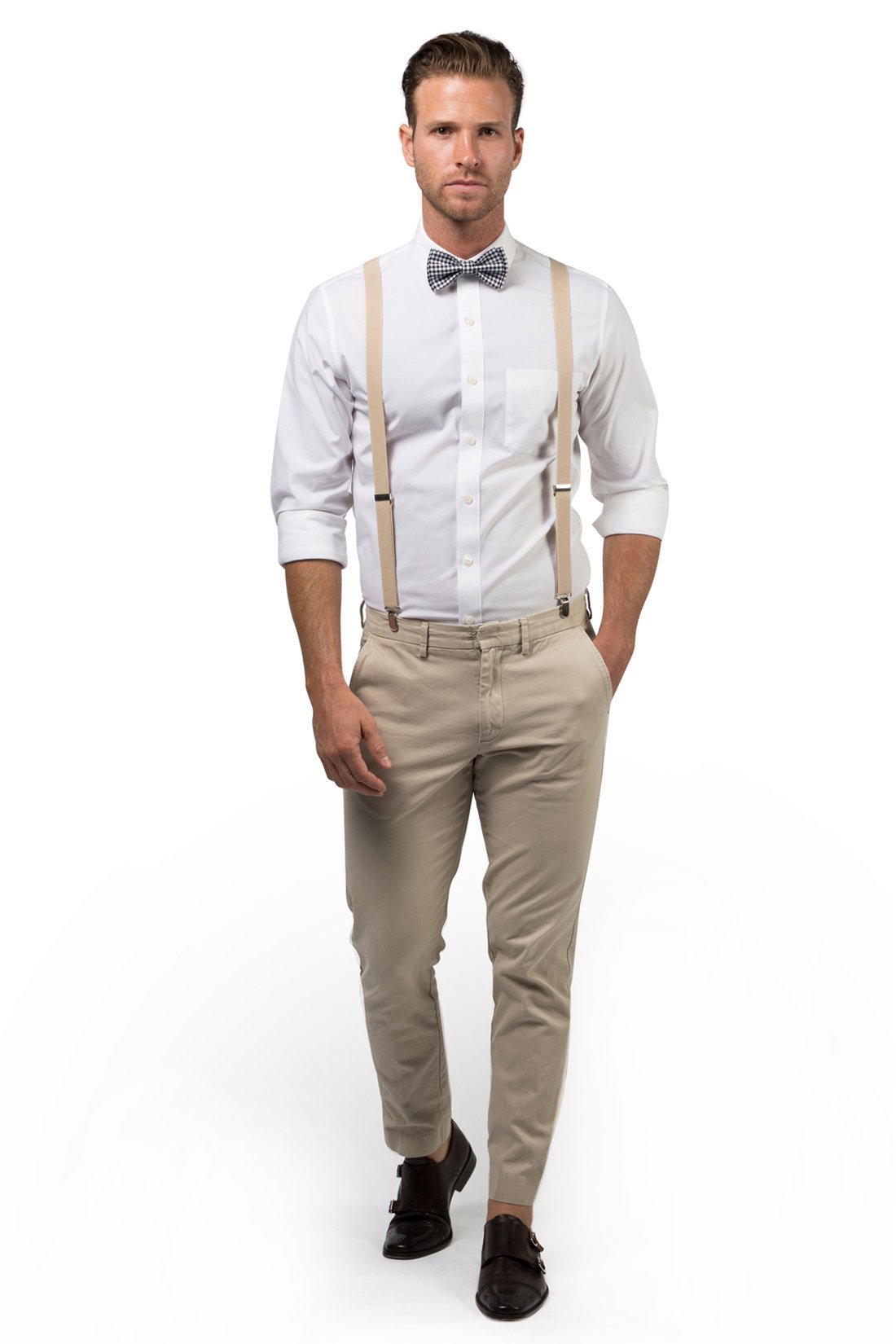 Beige Suspenders & Gingham Black Bow Tie - ARMONIIA