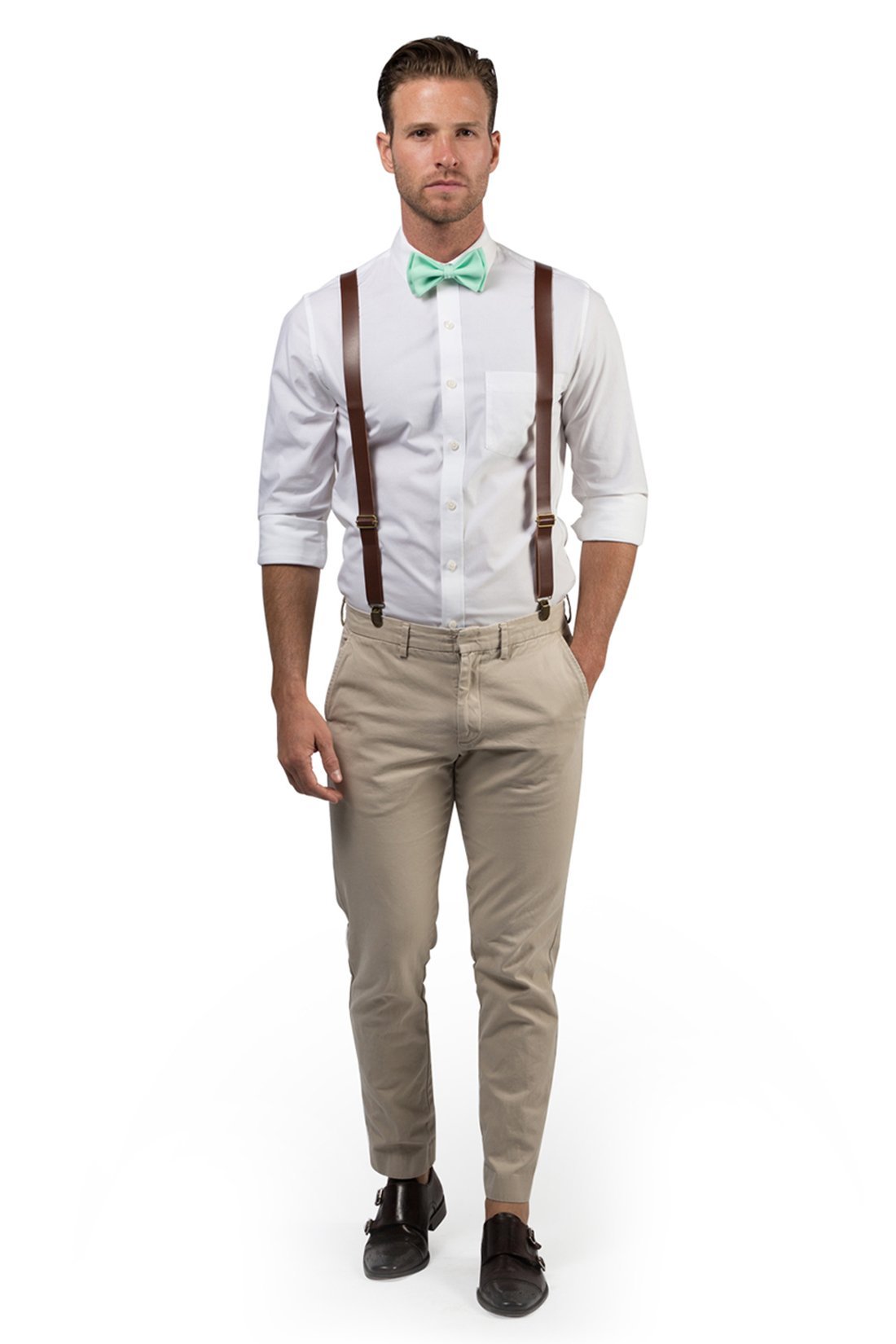 Brown Leather Suspenders &amp; Mint Bow Tie
