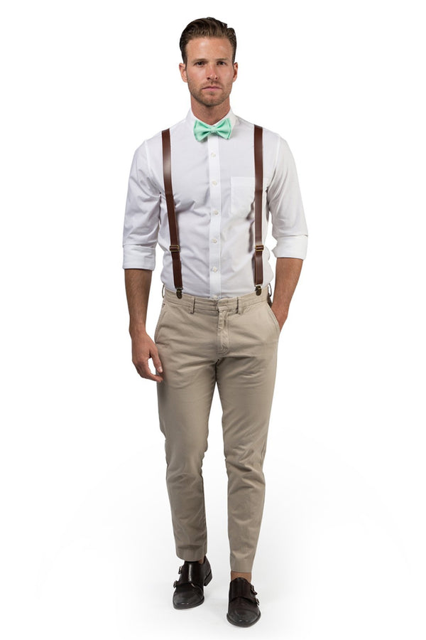 Brown Leather Suspenders & Mint Bow Tie - Baby to Adult Sizes– Armoniia