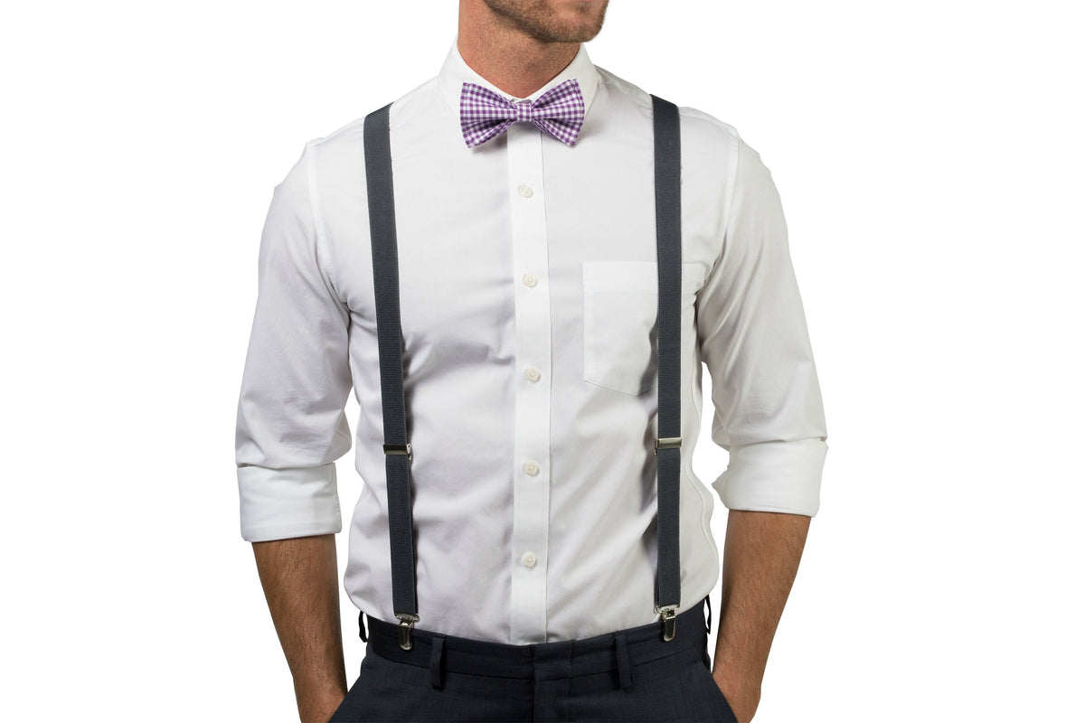Charcoal Suspenders &amp; Gingham Purple Bow Tie