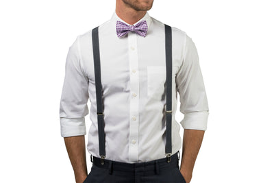 Charcoal Suspenders & Gingham Purple Bow Tie