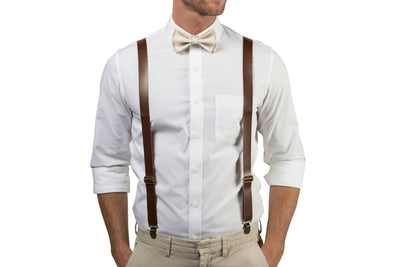 Brown Leather Suspenders & Cream Bow Tie