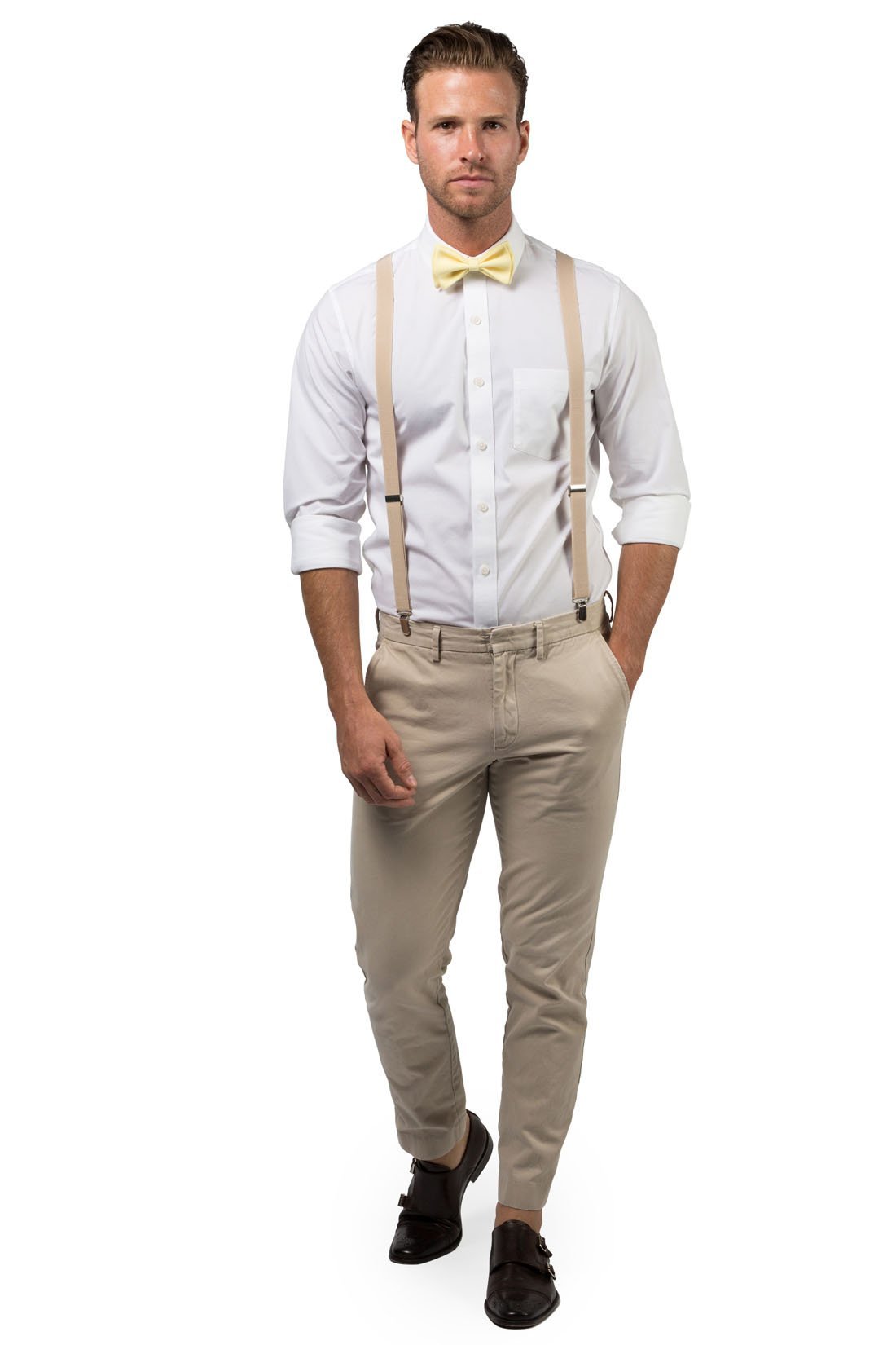 Beige Suspenders & Yellow Bow Tie