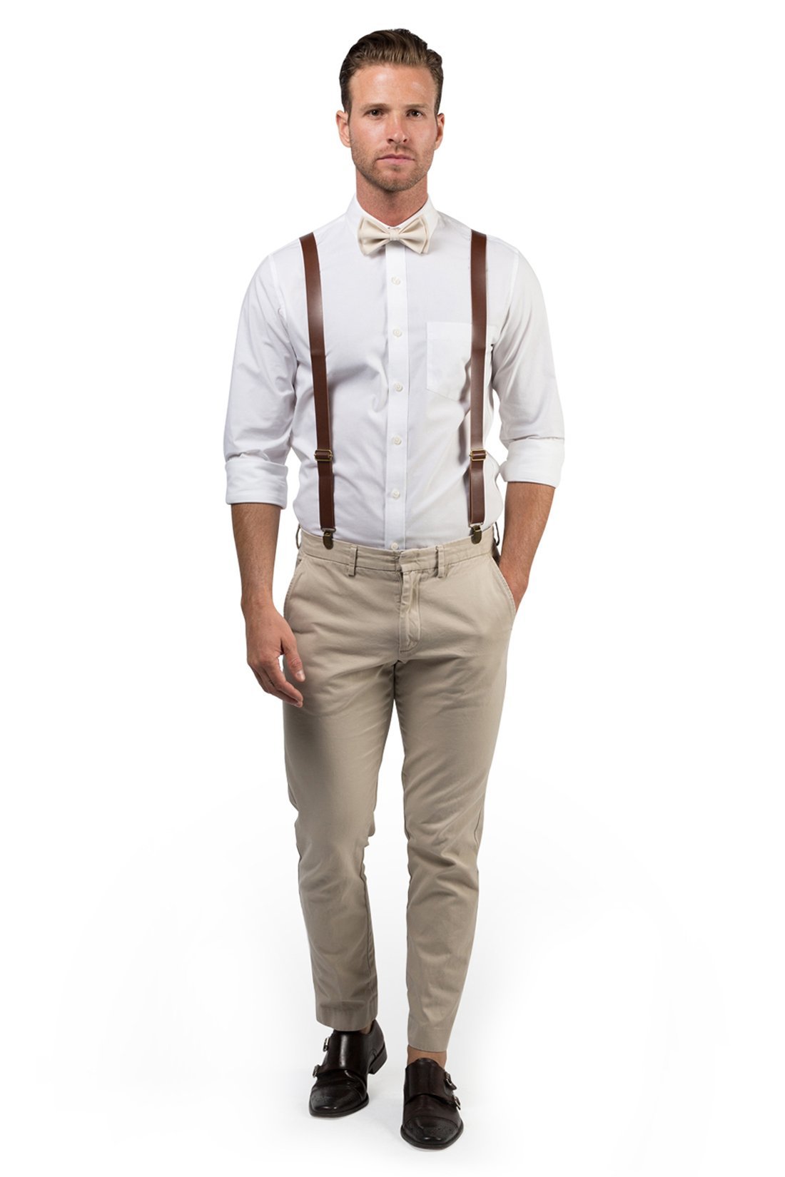 Brown Leather Suspenders &amp; Cream Bow Tie
