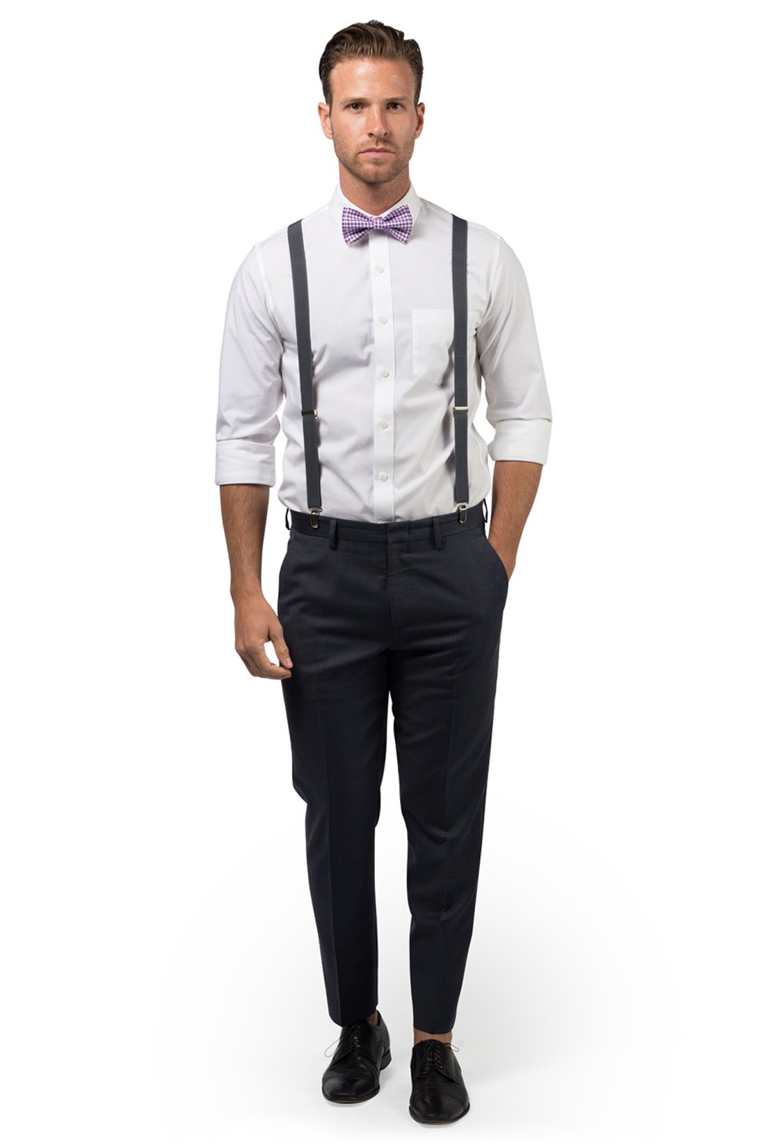 Charcoal Suspenders &amp; Gingham Purple Bow Tie