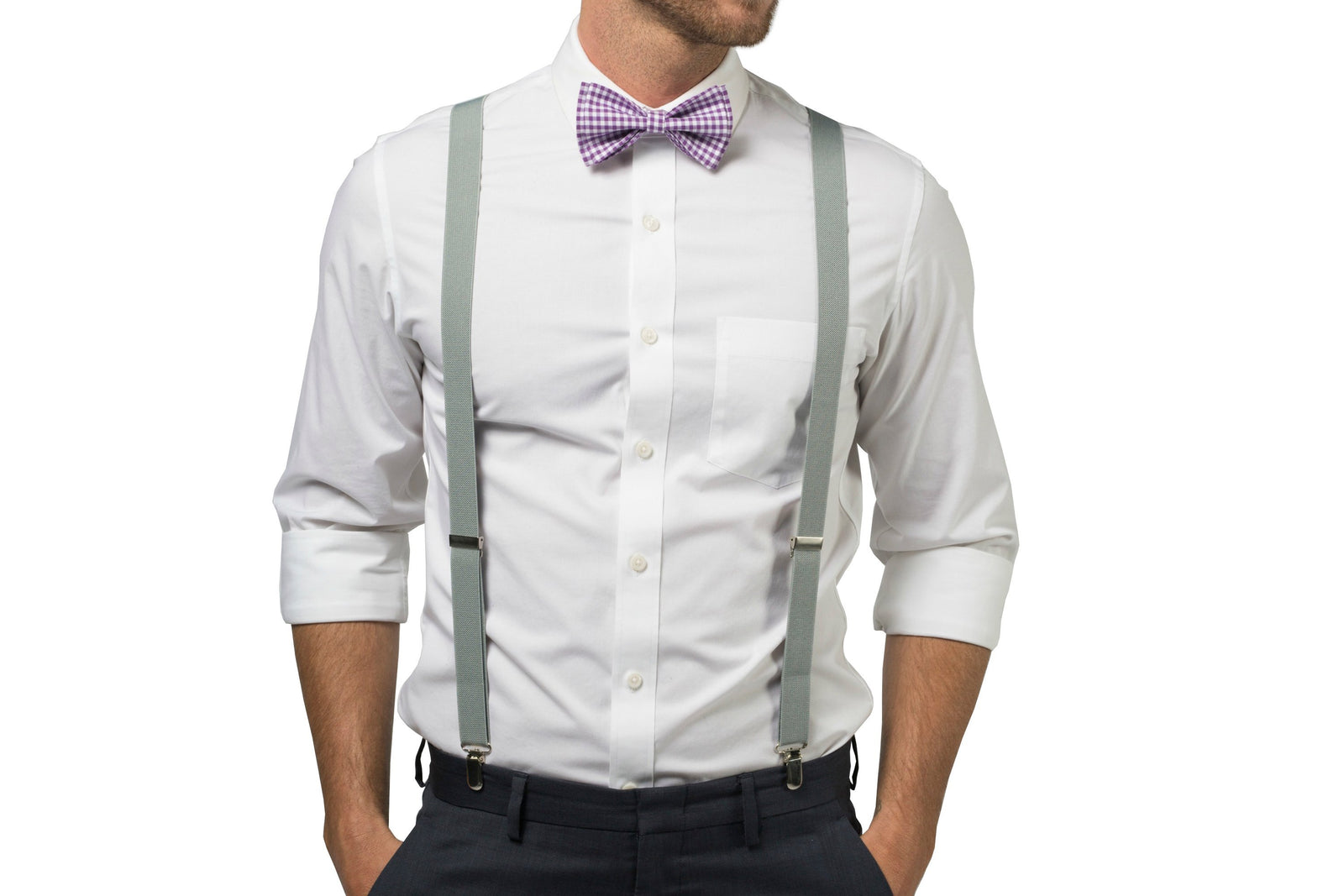Light Gray Suspenders & Gingham Purple Bow Tie