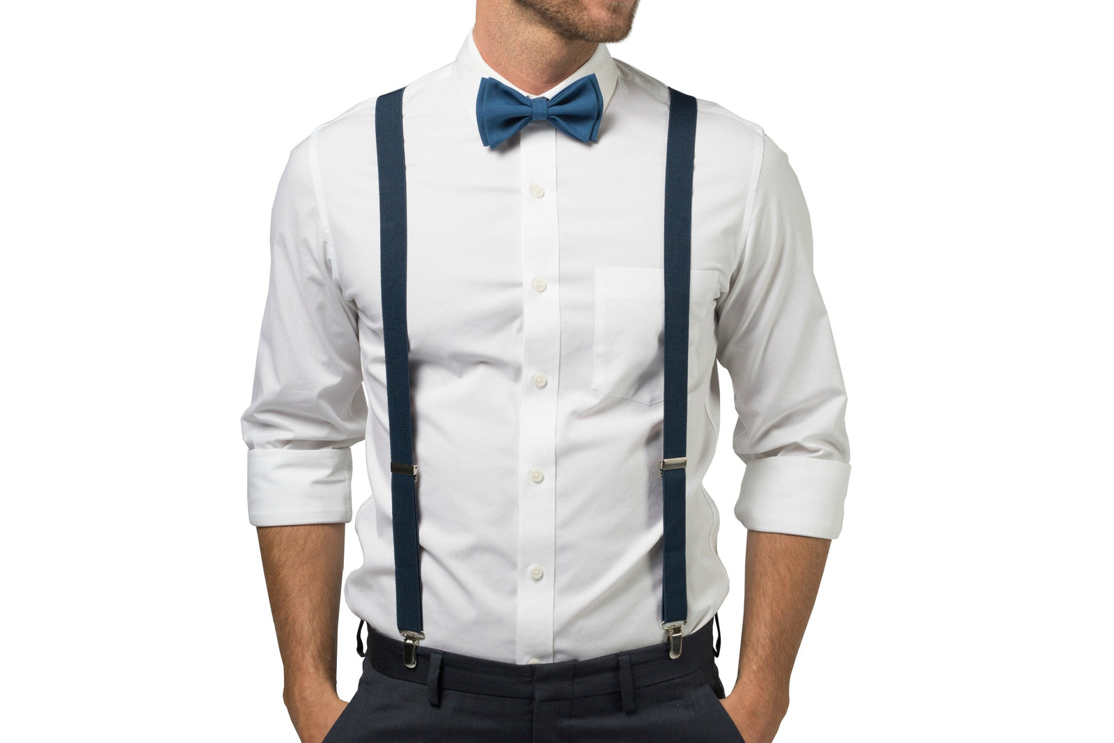 Navy Suspenders & Peacock Bow Tie
