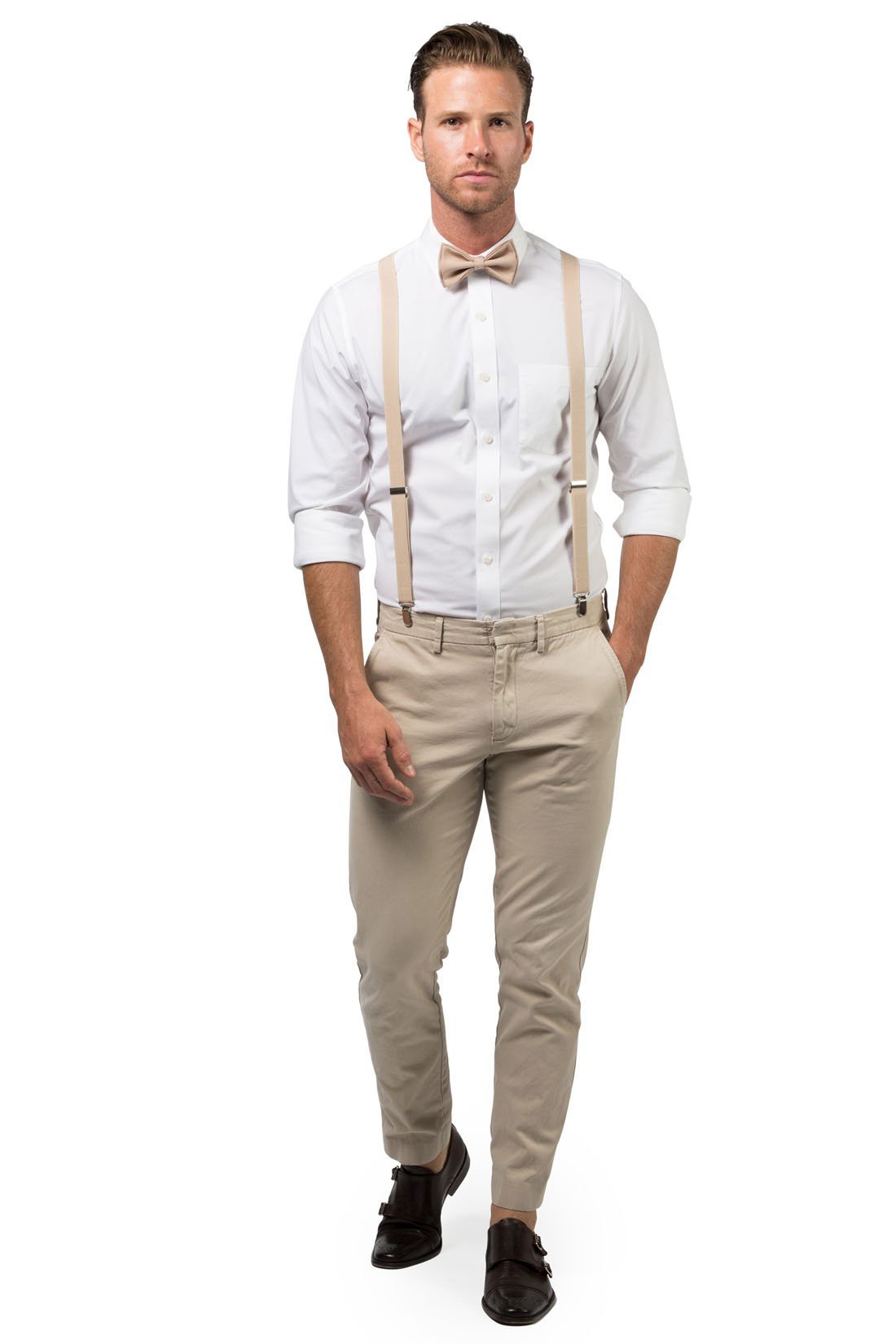 Beige Suspenders &amp; Beige Bow Tie
