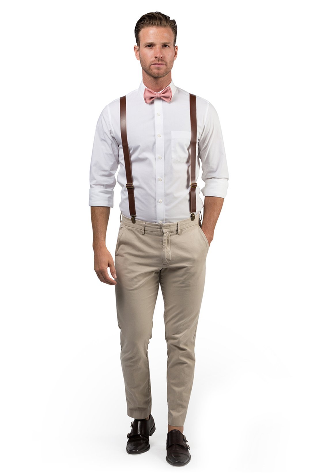 Brown Leather Suspenders &amp; Dusty Rose Bow Tie