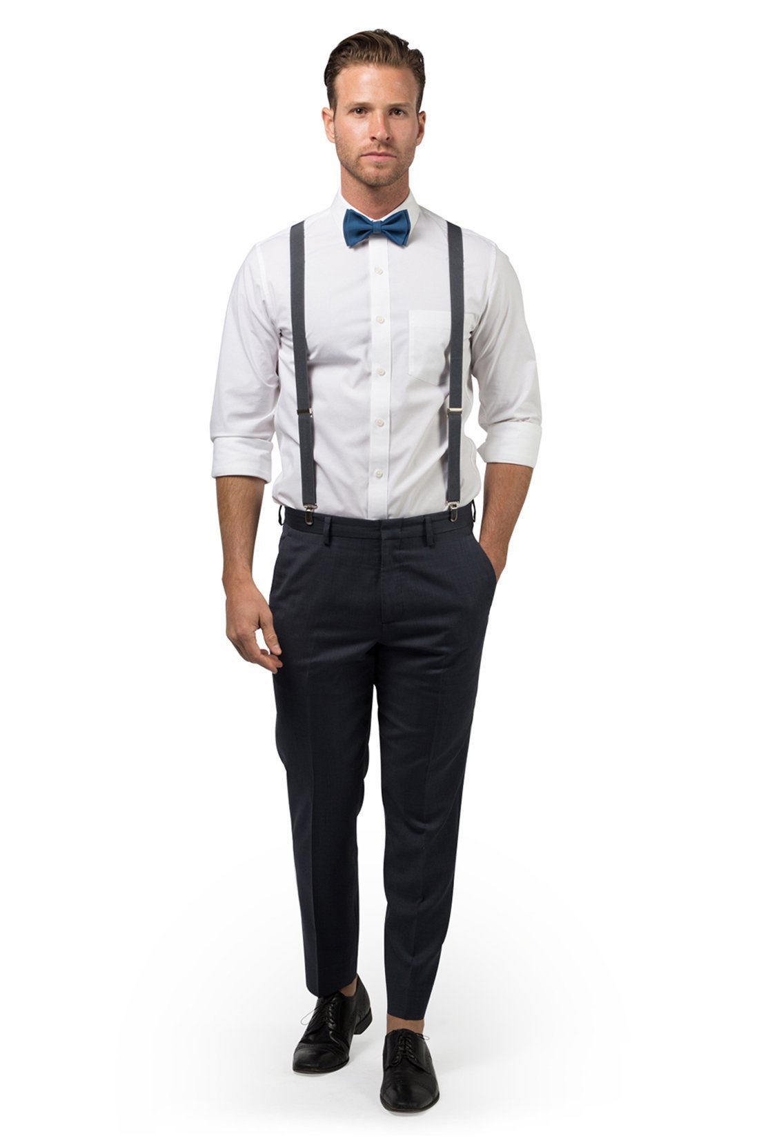 Charcoal Suspenders & Peacock Bow Tie