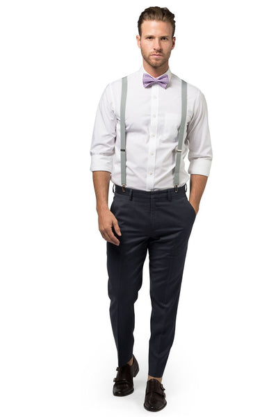 Light Gray Suspenders & Gingham Purple Bow Tie