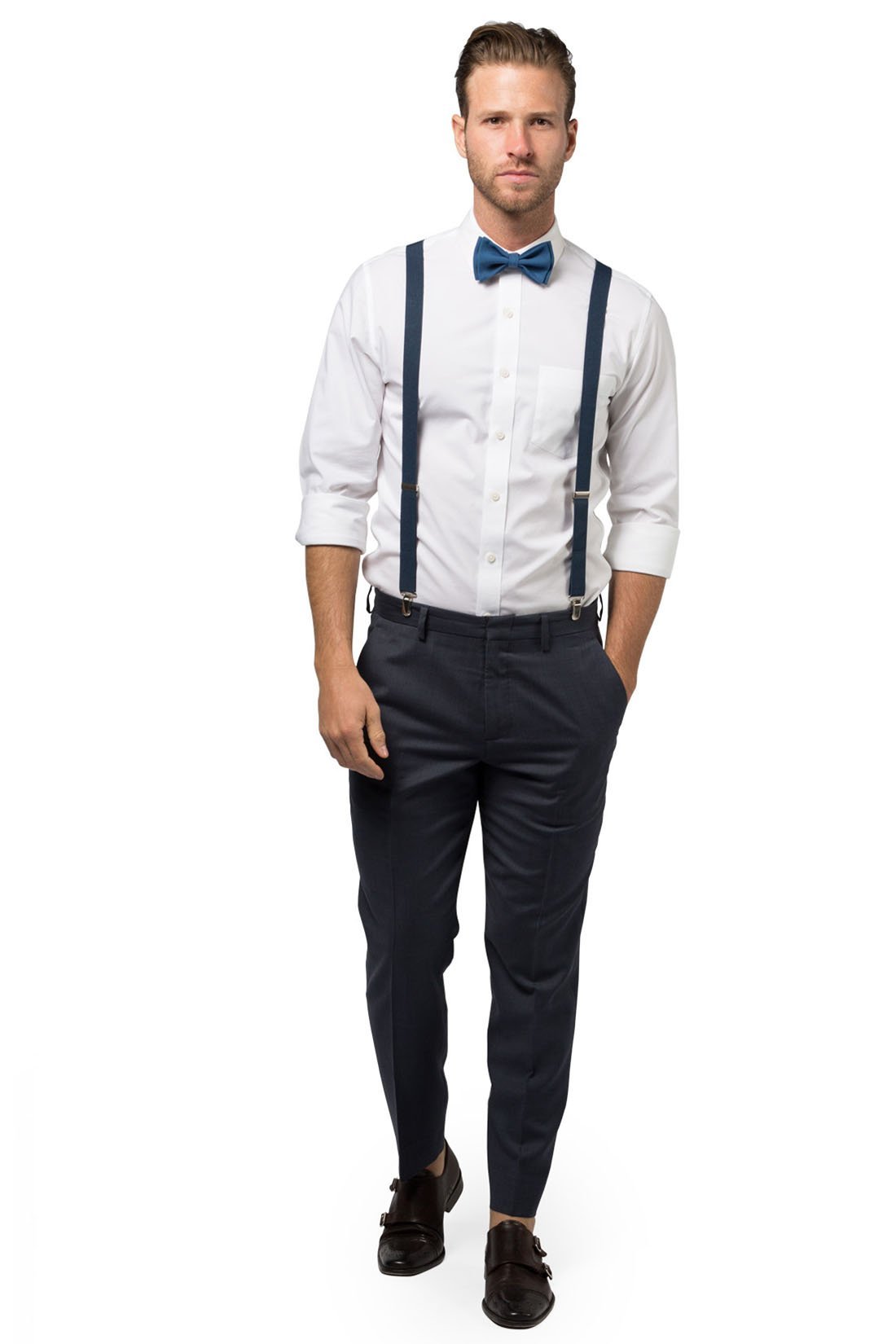 Navy Suspenders & Peacock Bow Tie