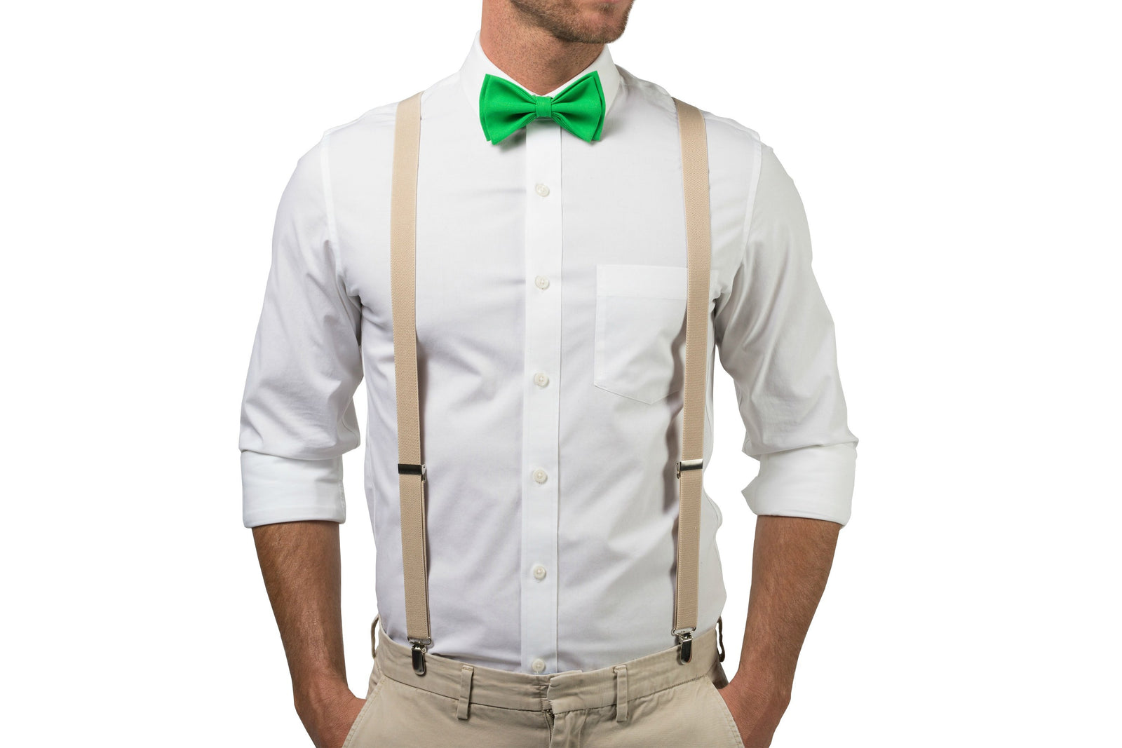 Beige Suspenders & Green Bow Tie