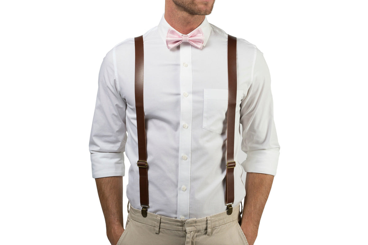 Brown Leather Suspenders &amp; Pink Bow Tie