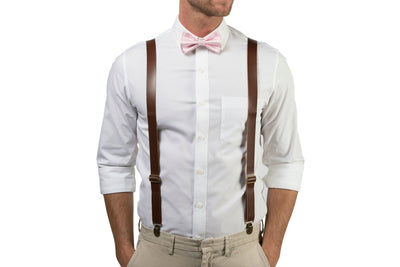 Brown Leather Suspenders & Pink Bow Tie