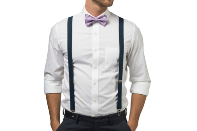 Navy Suspenders & Gingham Purple Bow Tie