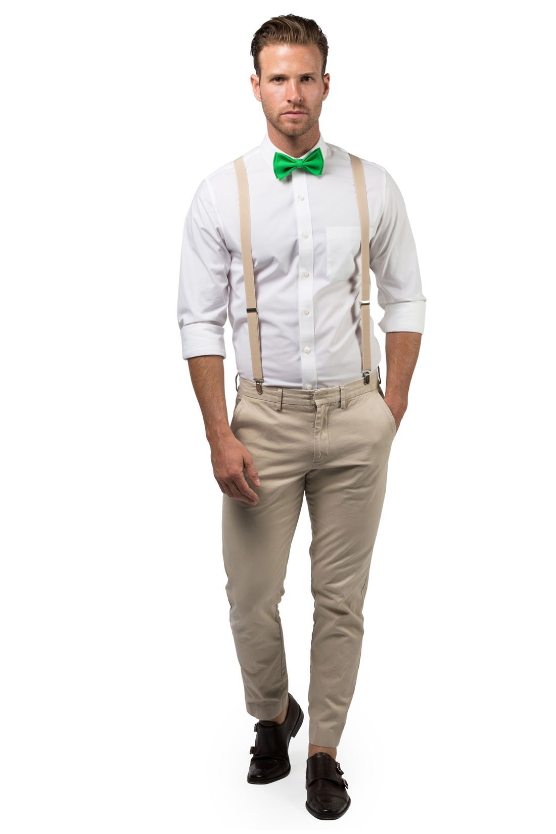 Beige Suspenders & Green Bow Tie Beige Suspenders & Green Bow Tie