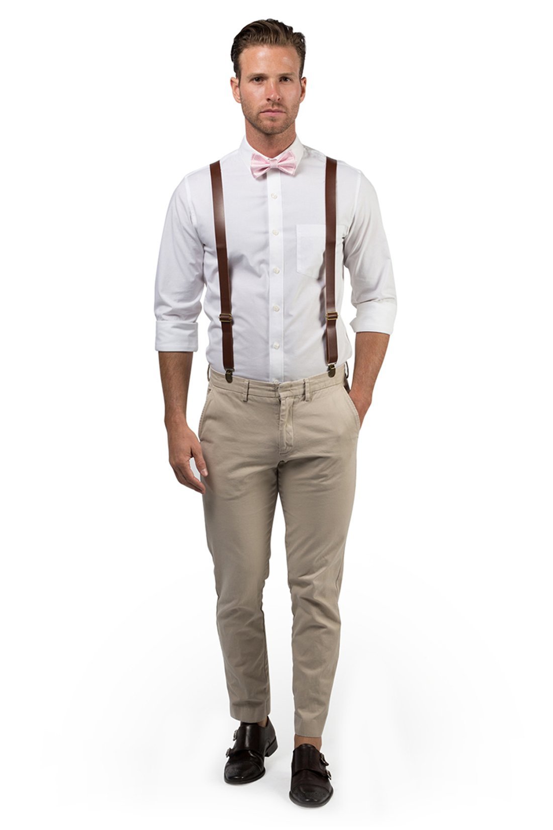 Brown Leather Suspenders &amp; Pink Bow Tie 